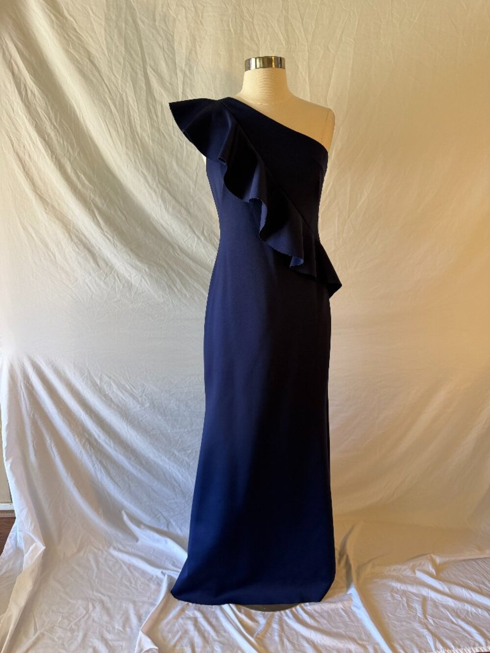 Jessica Howard Navy Formal with One Shoulder Ruffle
